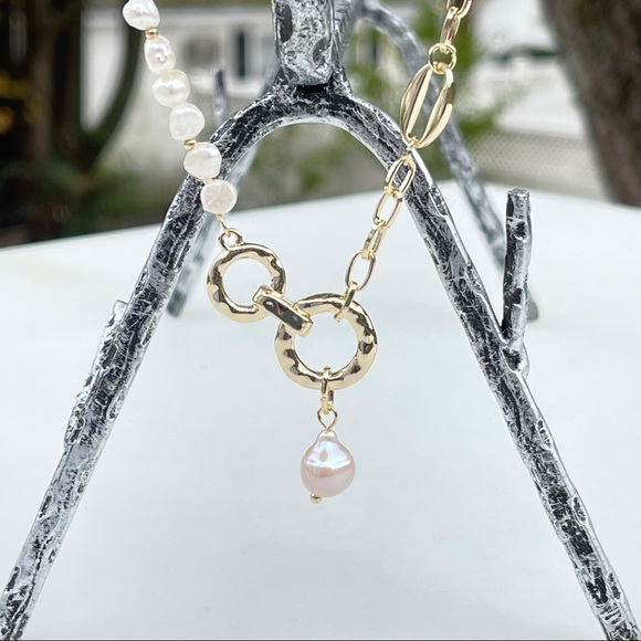 New 18K Gold Plated  Natural  Pearl Circle Link Chain Pendant Choker Necklace - Picture 6 of 14